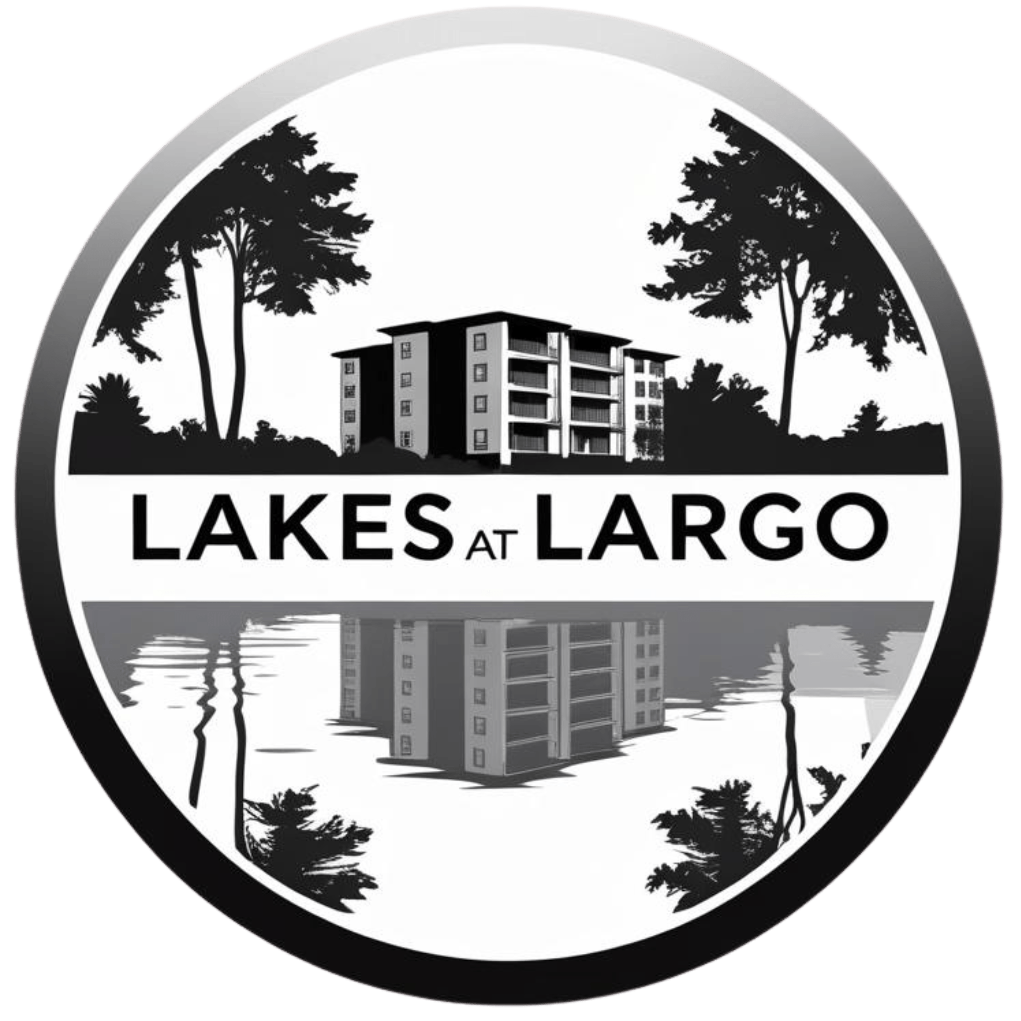 A black and white image of a building with trees and the words "Lakes at Largo" on it.
